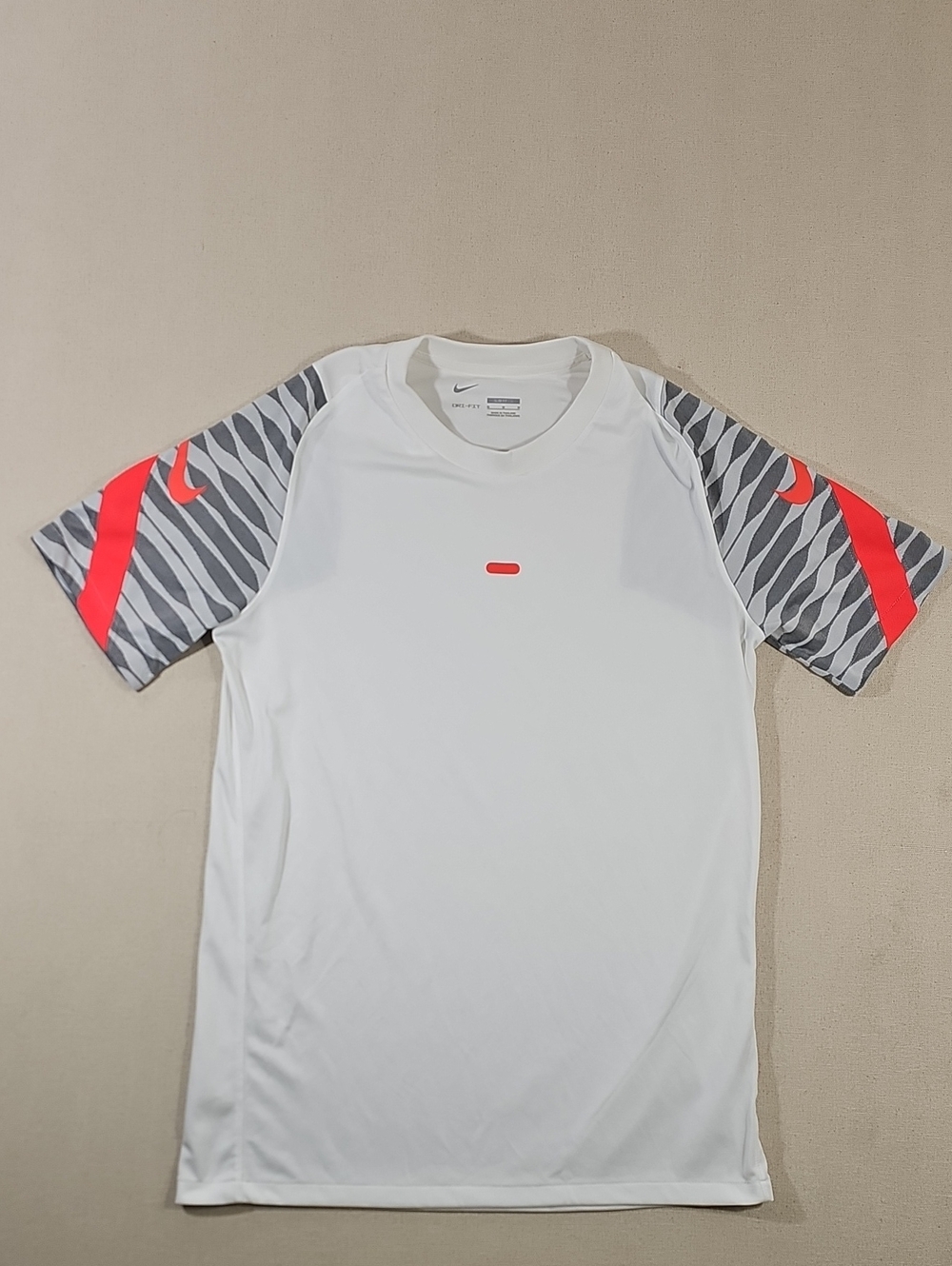 Nike White Men’s Athletic Shirt with Gray Zebra Sleeves and Neon Red Accents